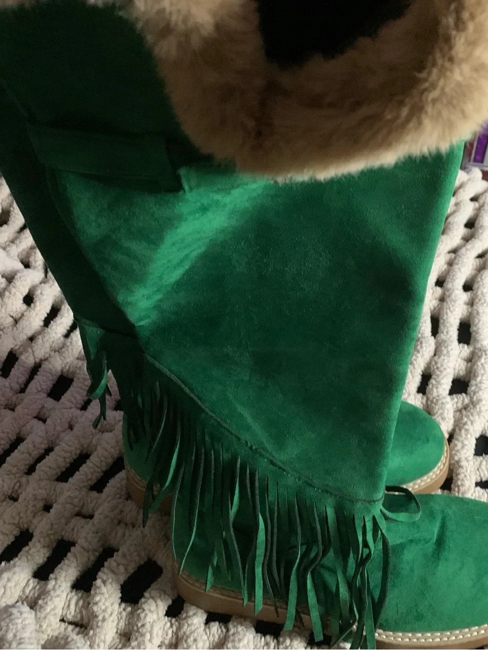 Green Fringe Faux-Suede Knee Boots with Faux-Fur Cuff